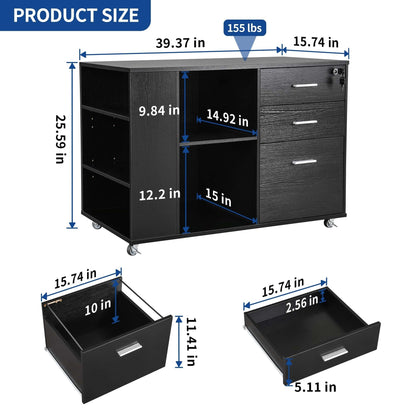 Meuble de rangement en bois avec station de recharge, classeur latéral mobile, verrouillable, compatible avec les dossiers A4, lettres et documents légaux.