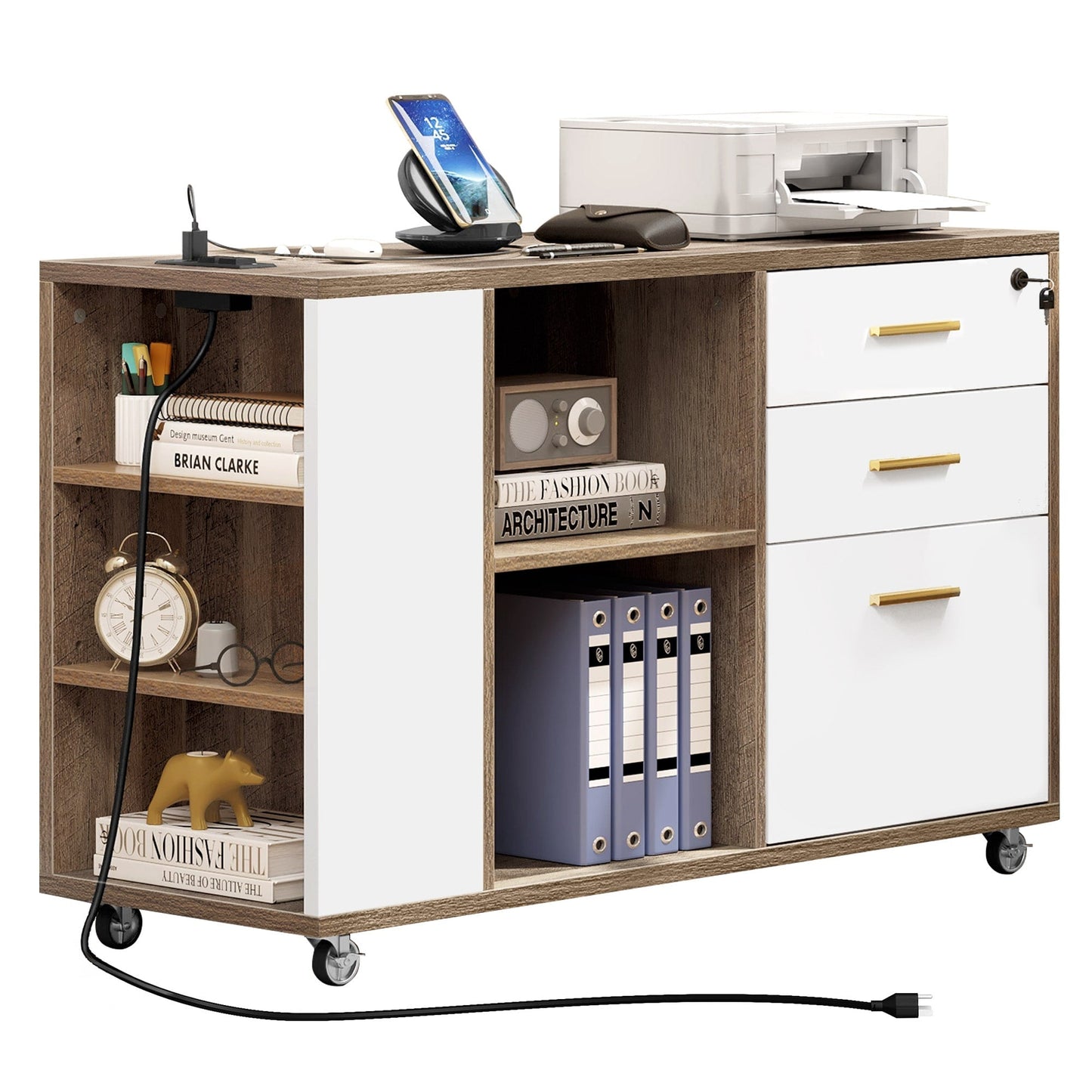 Meuble de rangement en bois avec station de recharge, classeur latéral mobile, verrouillable, compatible avec les dossiers A4, lettres et documents légaux.