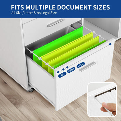 Meuble de rangement en bois avec station de recharge, classeur latéral mobile, verrouillable, compatible avec les dossiers A4, lettres et documents légaux.