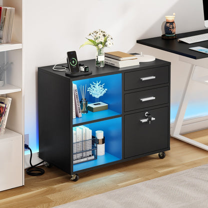 Meuble de rangement en bois avec station de recharge, classeur latéral mobile, verrouillable, compatible avec les dossiers A4, lettres et documents légaux.