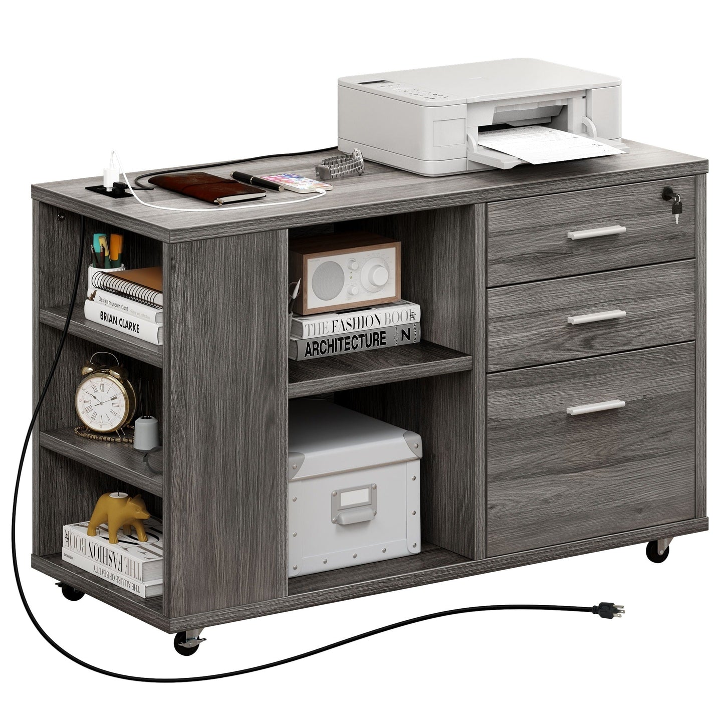 Meuble de rangement en bois avec station de recharge, classeur latéral mobile, verrouillable, compatible avec les dossiers A4, lettres et documents légaux.
