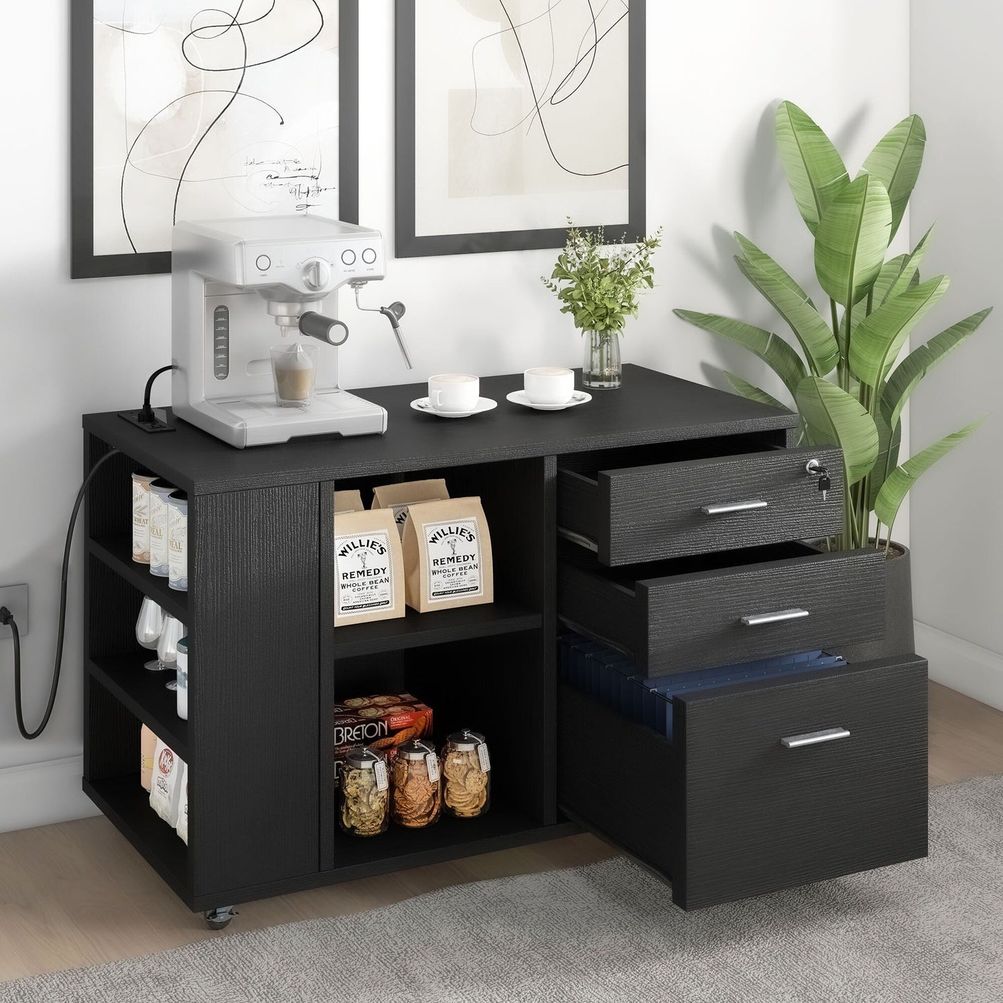 Meuble de rangement en bois avec station de recharge, classeur latéral mobile, verrouillable, compatible avec les dossiers A4, lettres et documents légaux.