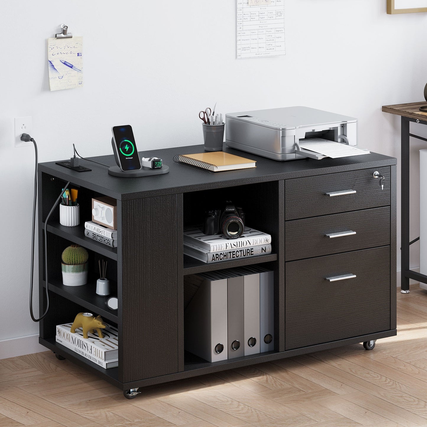 Meuble de rangement en bois avec station de recharge, classeur latéral mobile, verrouillable, compatible avec les dossiers A4, lettres et documents légaux.