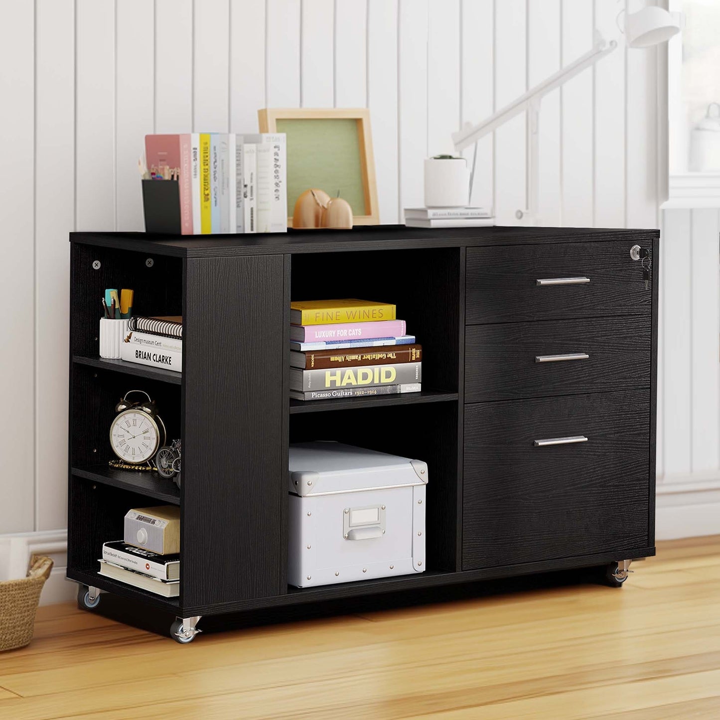 Meuble de rangement en bois avec station de recharge, classeur latéral mobile, verrouillable, compatible avec les dossiers A4, lettres et documents légaux.