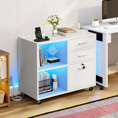 Meuble de rangement en bois avec station de recharge, classeur latéral mobile, verrouillable, compatible avec les dossiers A4, lettres et documents légaux.