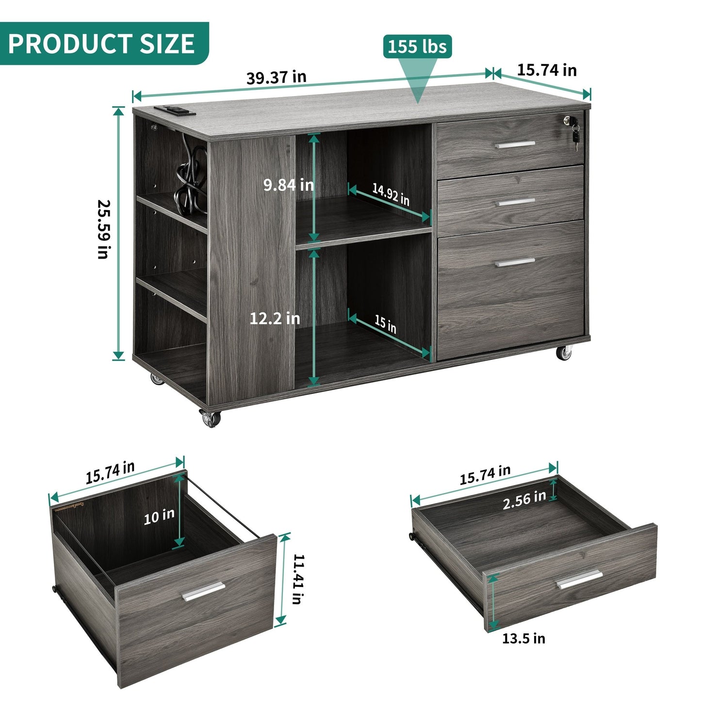 Meuble de rangement en bois avec station de recharge, classeur latéral mobile, verrouillable, compatible avec les dossiers A4, lettres et documents légaux.