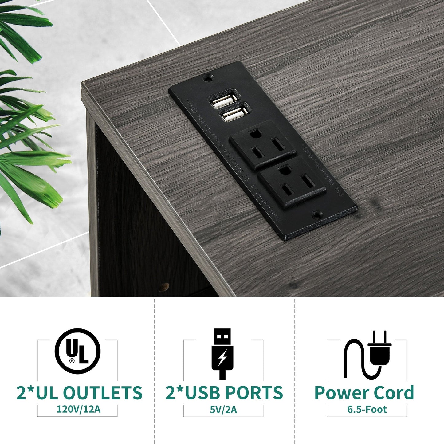 Meuble de rangement en bois avec station de recharge, classeur latéral mobile, verrouillable, compatible avec les dossiers A4, lettres et documents légaux.