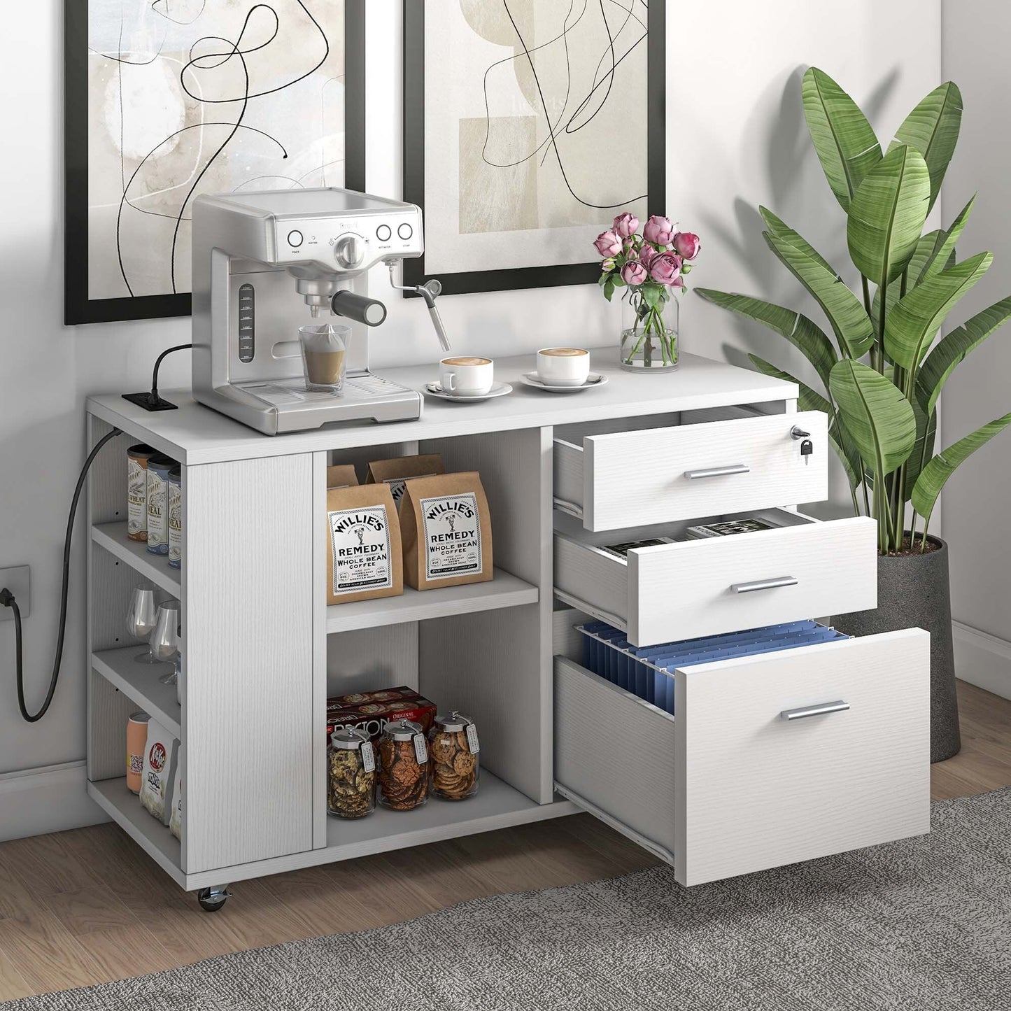 Meuble de rangement en bois avec station de recharge, classeur latéral mobile, verrouillable, compatible avec les dossiers A4, lettres et documents légaux.
