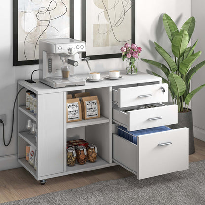 Meuble de rangement en bois avec station de recharge, classeur latéral mobile, verrouillable, compatible avec les dossiers A4, lettres et documents légaux.