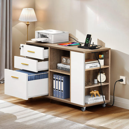 Meuble de rangement en bois avec station de recharge, classeur latéral mobile, verrouillable, compatible avec les dossiers A4, lettres et documents légaux.