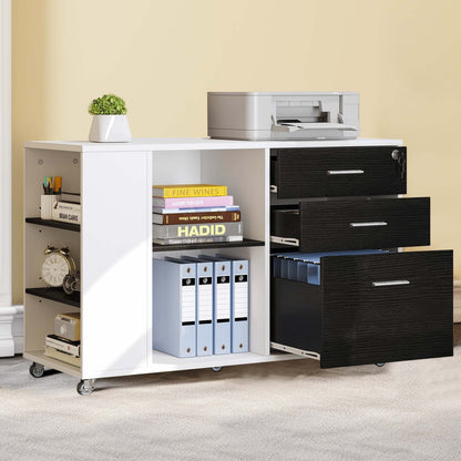 Meuble de rangement en bois avec station de recharge, classeur latéral mobile, verrouillable, compatible avec les dossiers A4, lettres et documents légaux.