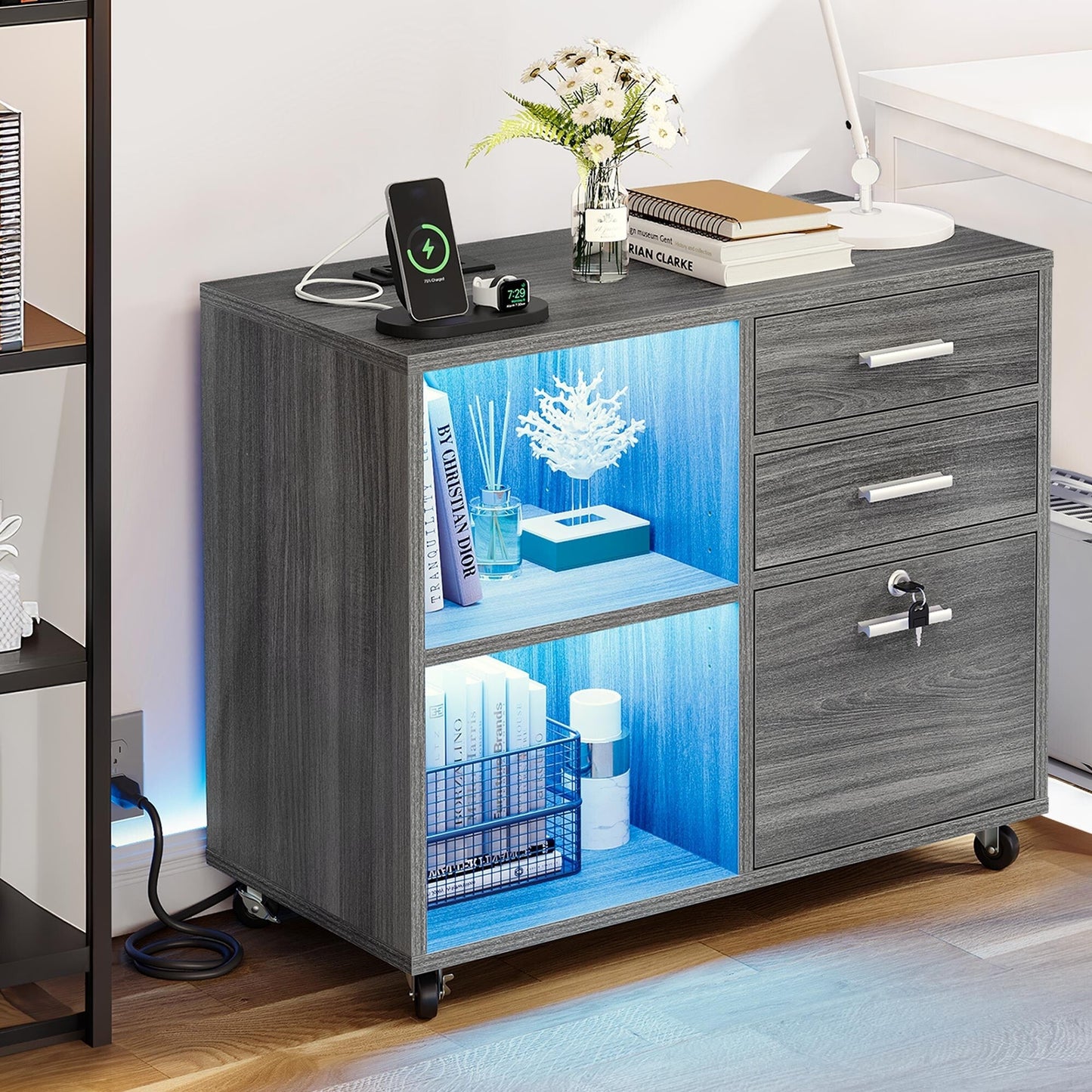 Meuble de rangement en bois avec station de recharge, classeur latéral mobile, verrouillable, compatible avec les dossiers A4, lettres et documents légaux.