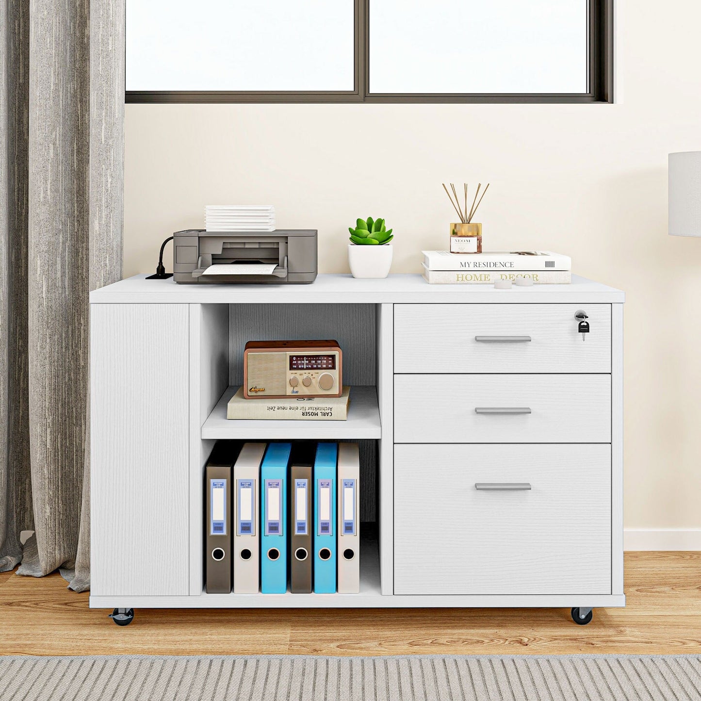 Meuble de rangement en bois avec station de recharge, classeur latéral mobile, verrouillable, compatible avec les dossiers A4, lettres et documents légaux.