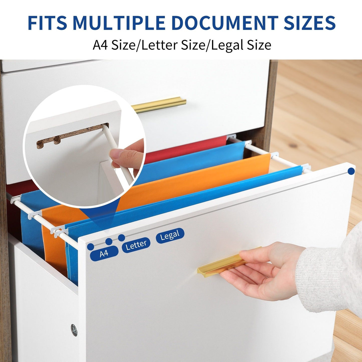 Meuble de rangement en bois avec station de recharge, classeur latéral mobile, verrouillable, compatible avec les dossiers A4, lettres et documents légaux.