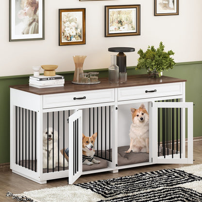 Meuble en bois pour chenil double pour chien avec 2 tiroirs et séparateur