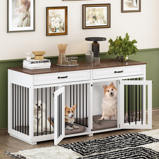 Meuble en bois pour chenil double pour chien avec 2 tiroirs et séparateur