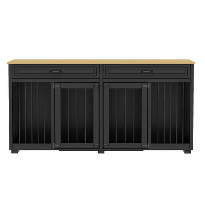 Meuble en bois pour chenil double pour chien avec 2 tiroirs et séparateur