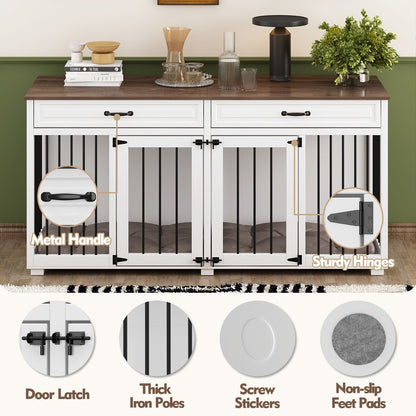 Meuble en bois pour chenil double pour chien avec 2 tiroirs et séparateur