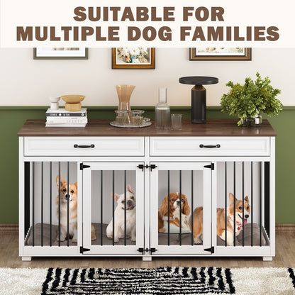 Meuble en bois pour chenil double pour chien avec 2 tiroirs et séparateur