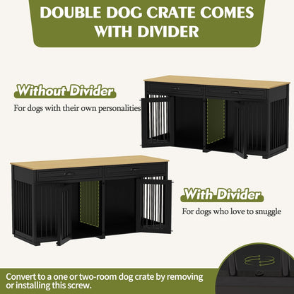 Meuble en bois pour chenil double pour chien avec 2 tiroirs et séparateur