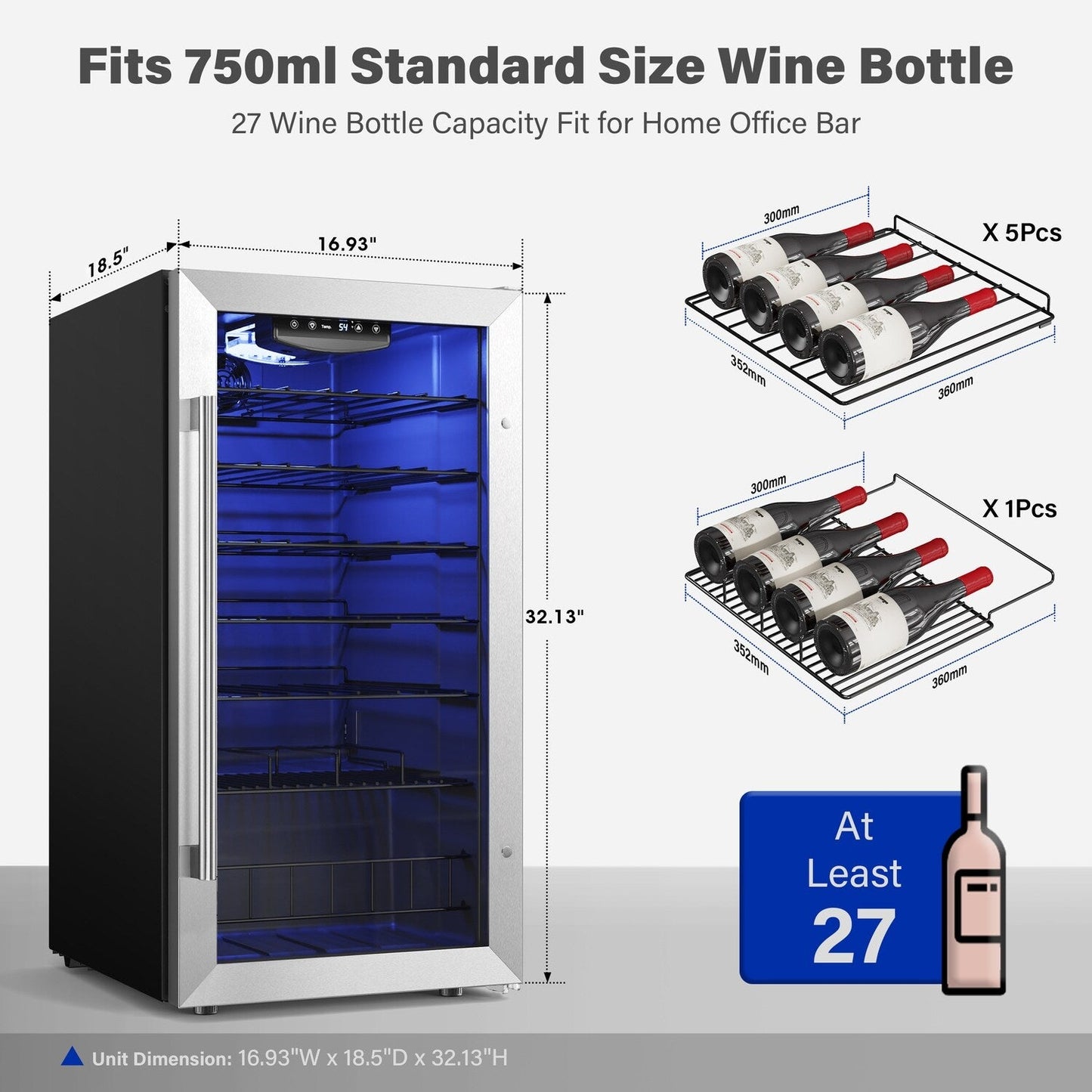 Yeego Réfrigérateur à vin mini-bar indépendant à 17 pouces, monoclimatique, 27 bouteilles - 16,9 pouces
